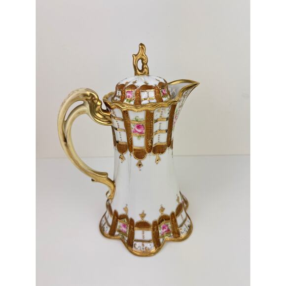 NIPON Porcelain Hand-Painted Chocolate Pot Pink Rose Gold Raised Beaded Gilt VTG - Picture 2 of 13